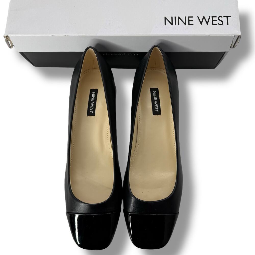 Nine West Black Leather Cap-Toe Low Block Heel Flats - Picture 8 of 11